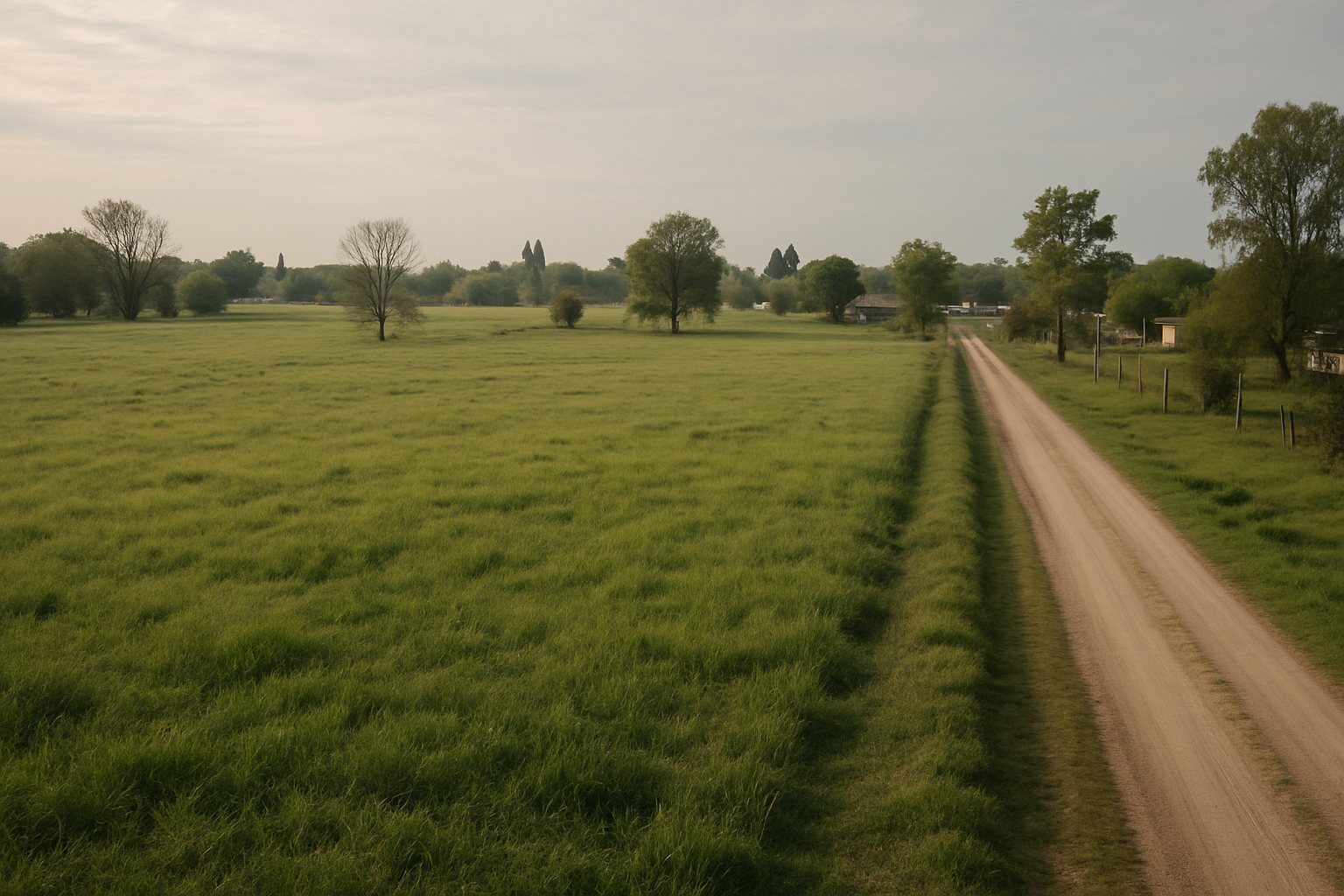 Vista ilustrativa de un campo con camino rural y viviendas dispersas en el sur del Gran Buenos Aires.