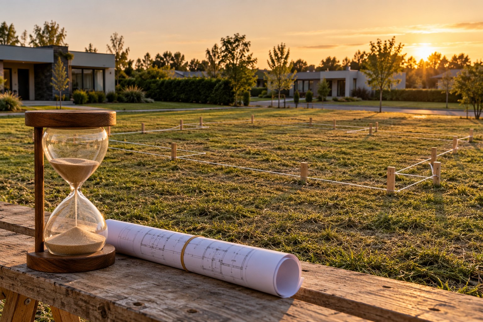 Un lote vacío de pasto al atardecer en un barrio, con estacas e hilo marcando el contorno de una casa, un reloj de arena a medio caer y un plano enrollado apoyados sobre un tablón